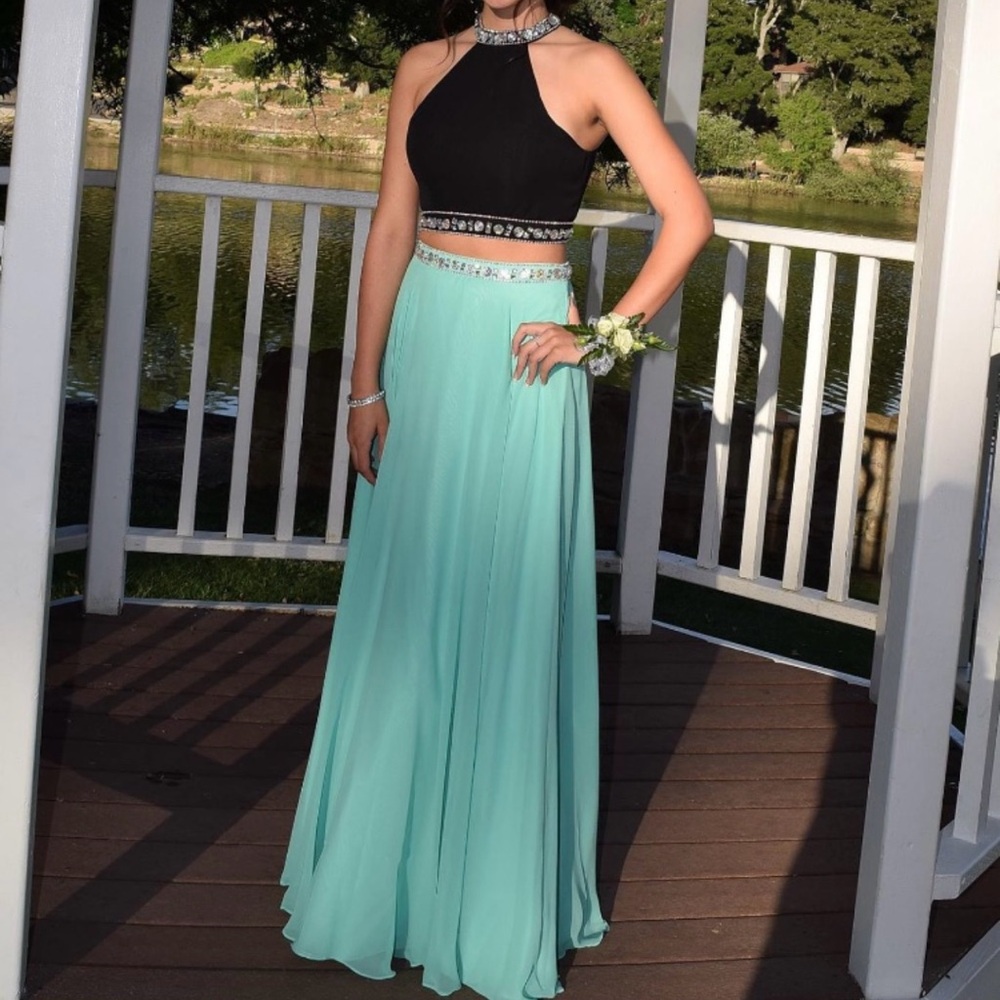 Black and Mint Green Halter Two Piece Gown